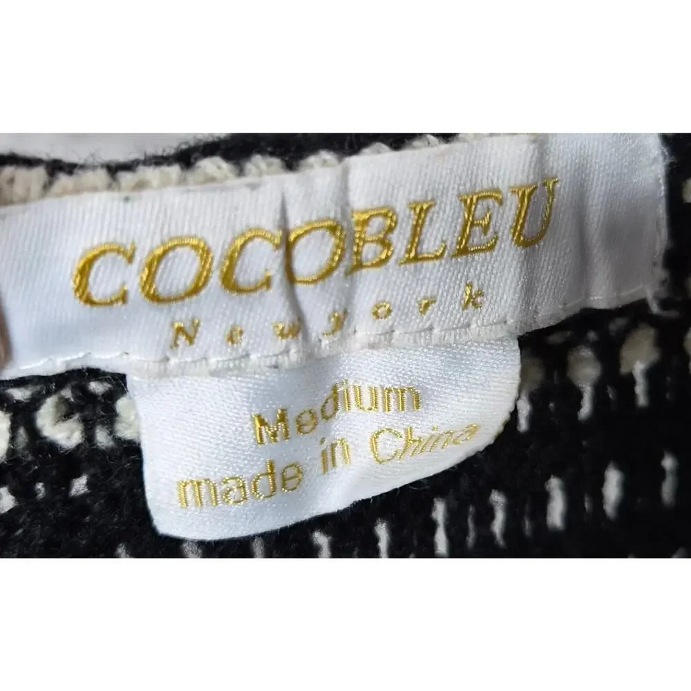 COCOBLEU NY Crochet Knit Cardigan Sweater Medium Black White Striped Boho Button